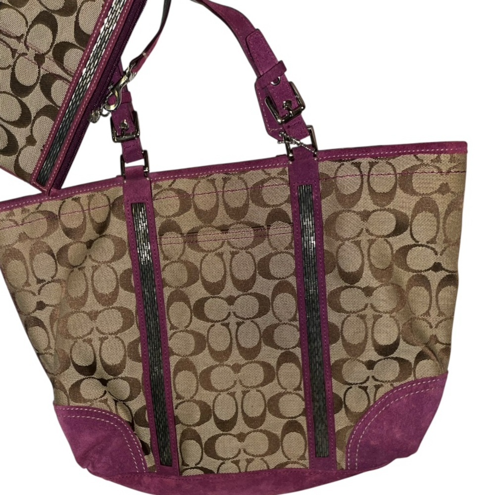 Coach Vintage Brown and Purple Women's Tote with Silver Beading